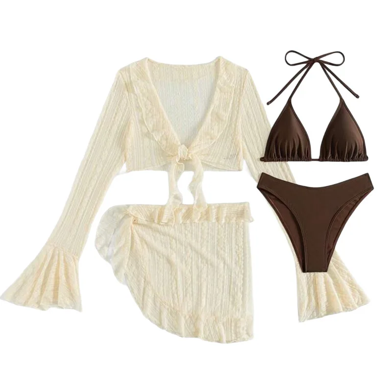 Women's Swimsuit Four-Piece Set Sun Protection Breathable Solid Color Beach Sexy Bikini In Stock