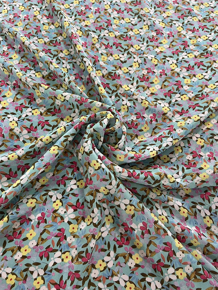 

1 meter 100% Mulberry Silk 15 momme Crepe Silk Fabric Blue Floral Printed 140cm 55" wide by the yard XX424