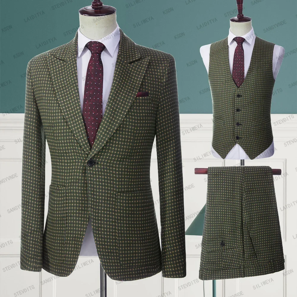 

New Arrival Men Slim Business Casual Suits Green Linen Yellow Brown Dots 3 Pcs Set Male Wedding Groom Jacket Pants Vest