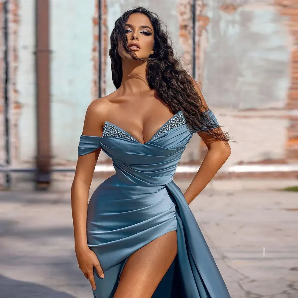 Blue Satin Prom Gowns Women Sexy Off Shoulder High Split Formal Occasion Evening Dresses Shining Beads V Neck Bridesmaid Dress