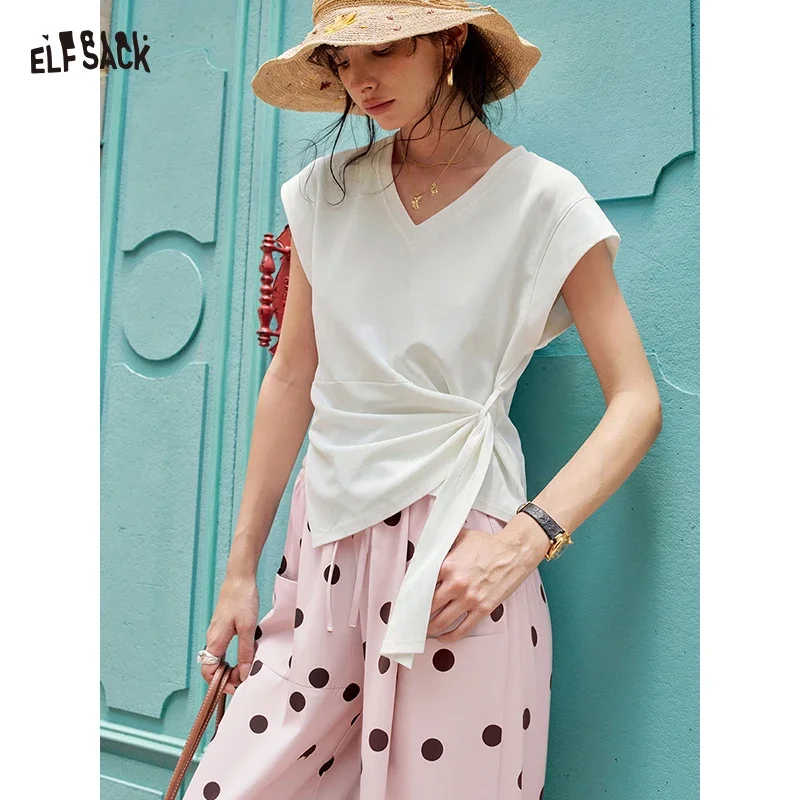 ELFSACK Solid Wrap T-Shirt Side Knot V-Neck Top Casual Cap Sleeve Cropped Tee for Women