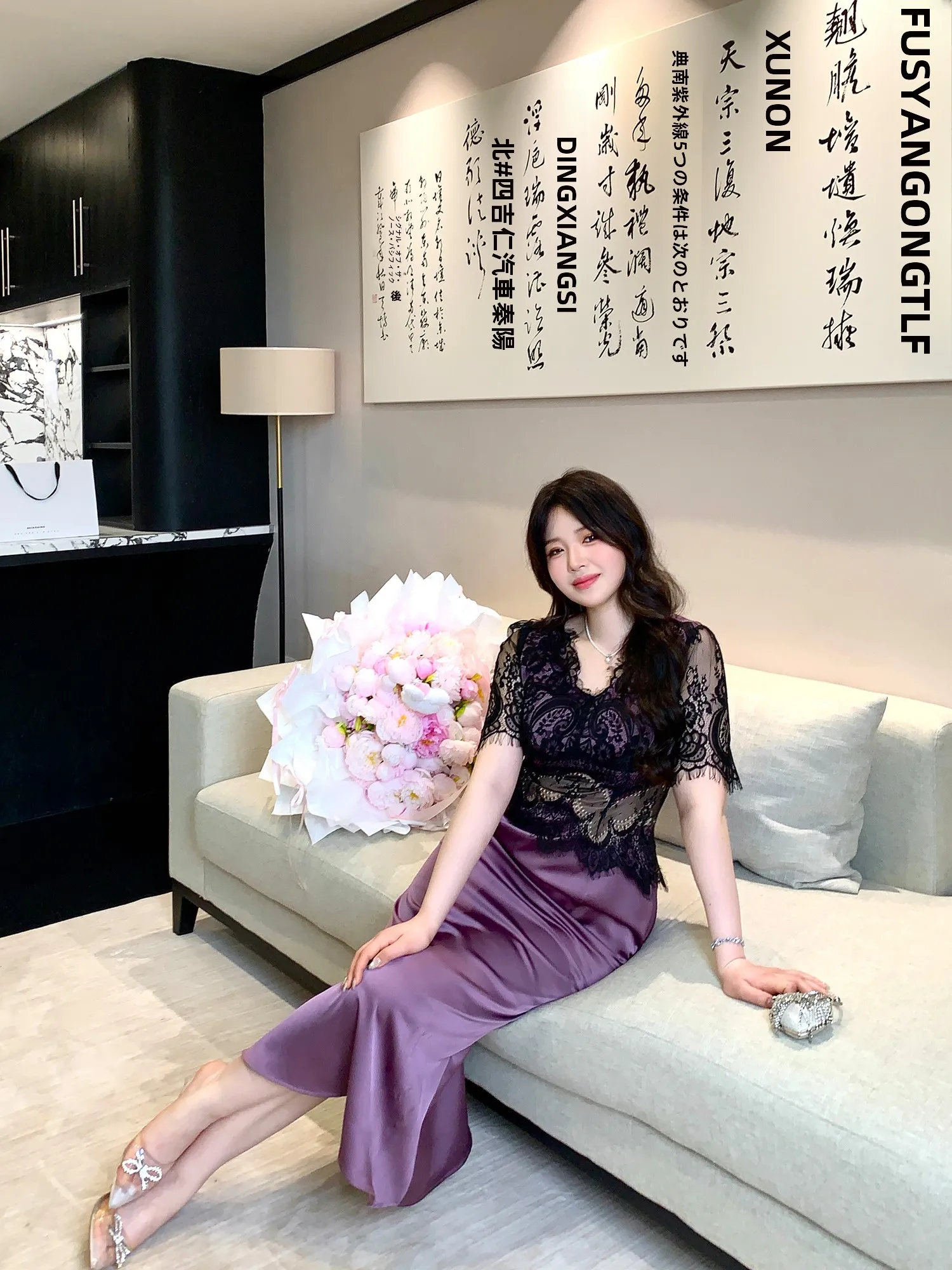 MB plus Size Women's Dress Elegant Lace Patchwork Satin V-neck Gown French Style Slimming High Waist Long Skirt Ball Dress view 3