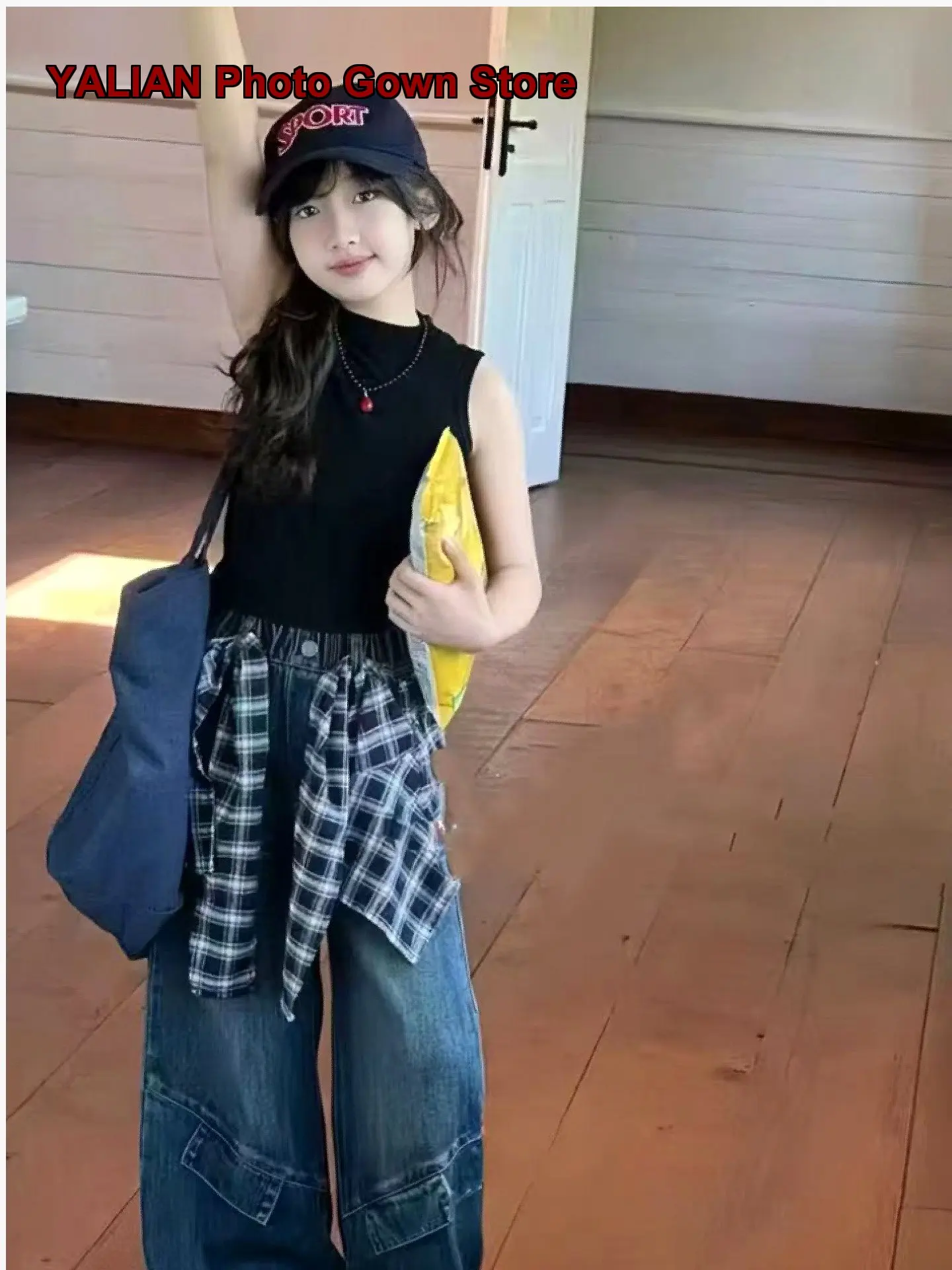 Girls Denim Wide Leg Pants Kids Spring Autumn Plaid Cuffed Hem Solid Color Older Kids
