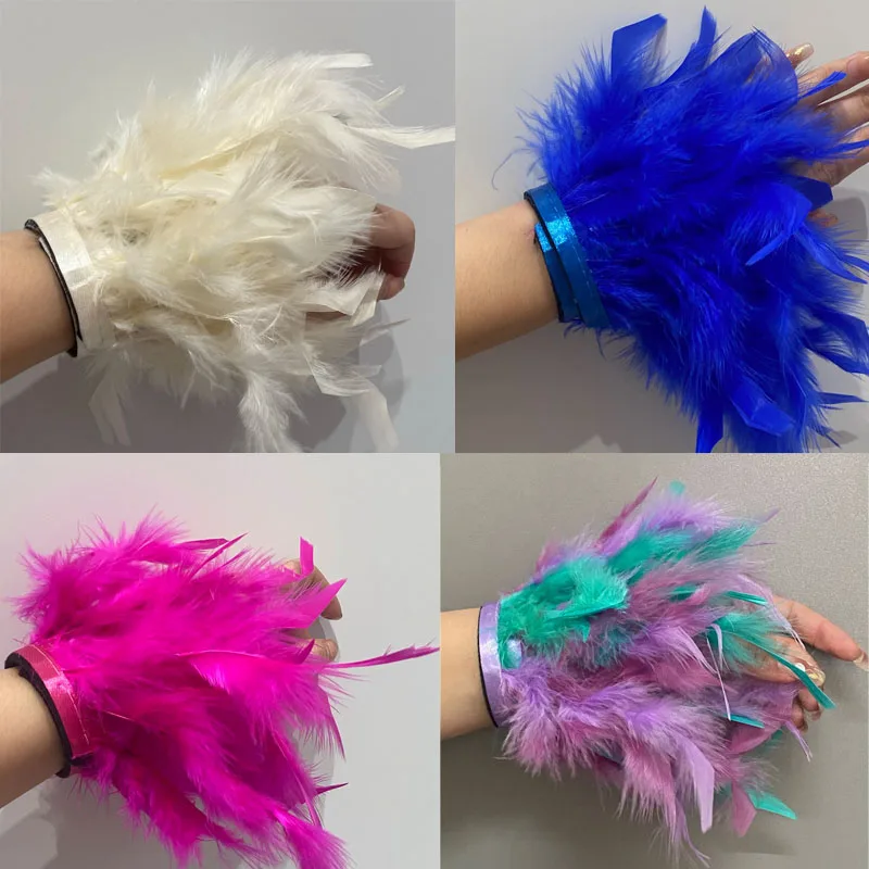 Women Natural Fur Feather Cuffs Sexy Snap On Bracelet girls Nail Photo Cuff  Feather Anklet Wrist Cuff feather bracelet