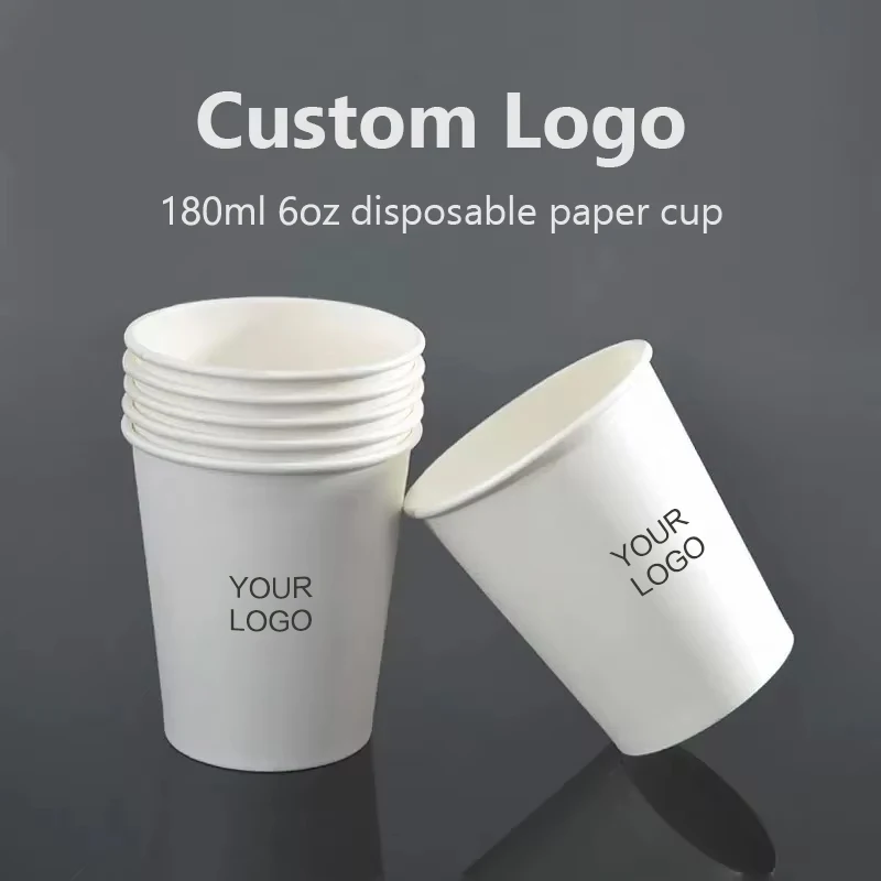 200pcs 6oz 180ml  Disposable Paper Cups - Custom Logo Printed Bulk Coffee Cups, Thickened Hot/Cold Drink Containe