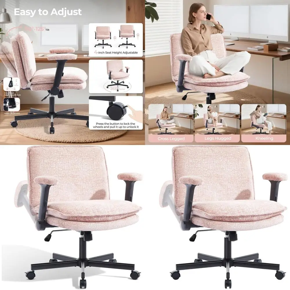 

Плюшевое тканевое кресло с откидными подлокотниками и функцией поворота, 125 ° Поворотные и фиксируемые колеса, идеально подходят для домашнего офиса, розовые