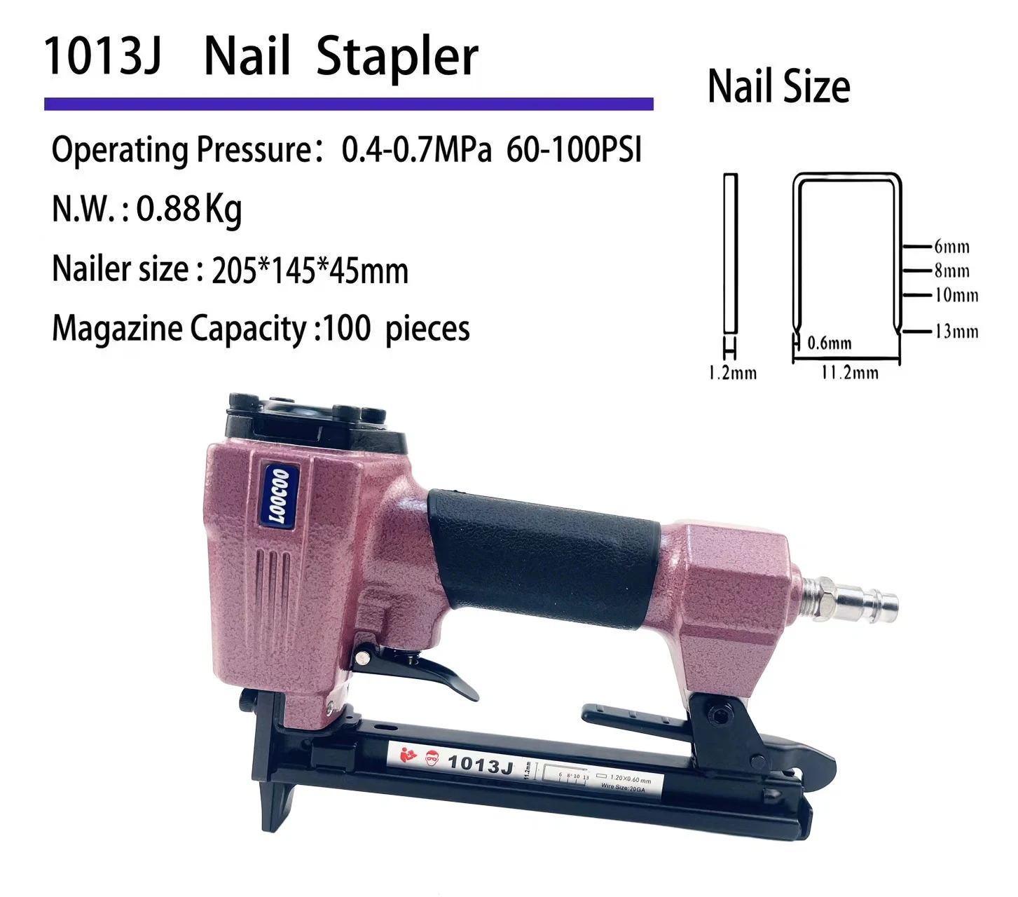 

LOOCOO-1013J Пневматический степлер 20GA U-образный воздушный пистолет для гвоздей для украшения мебели, фиксации кожи, деревообрабатывающей упаковки