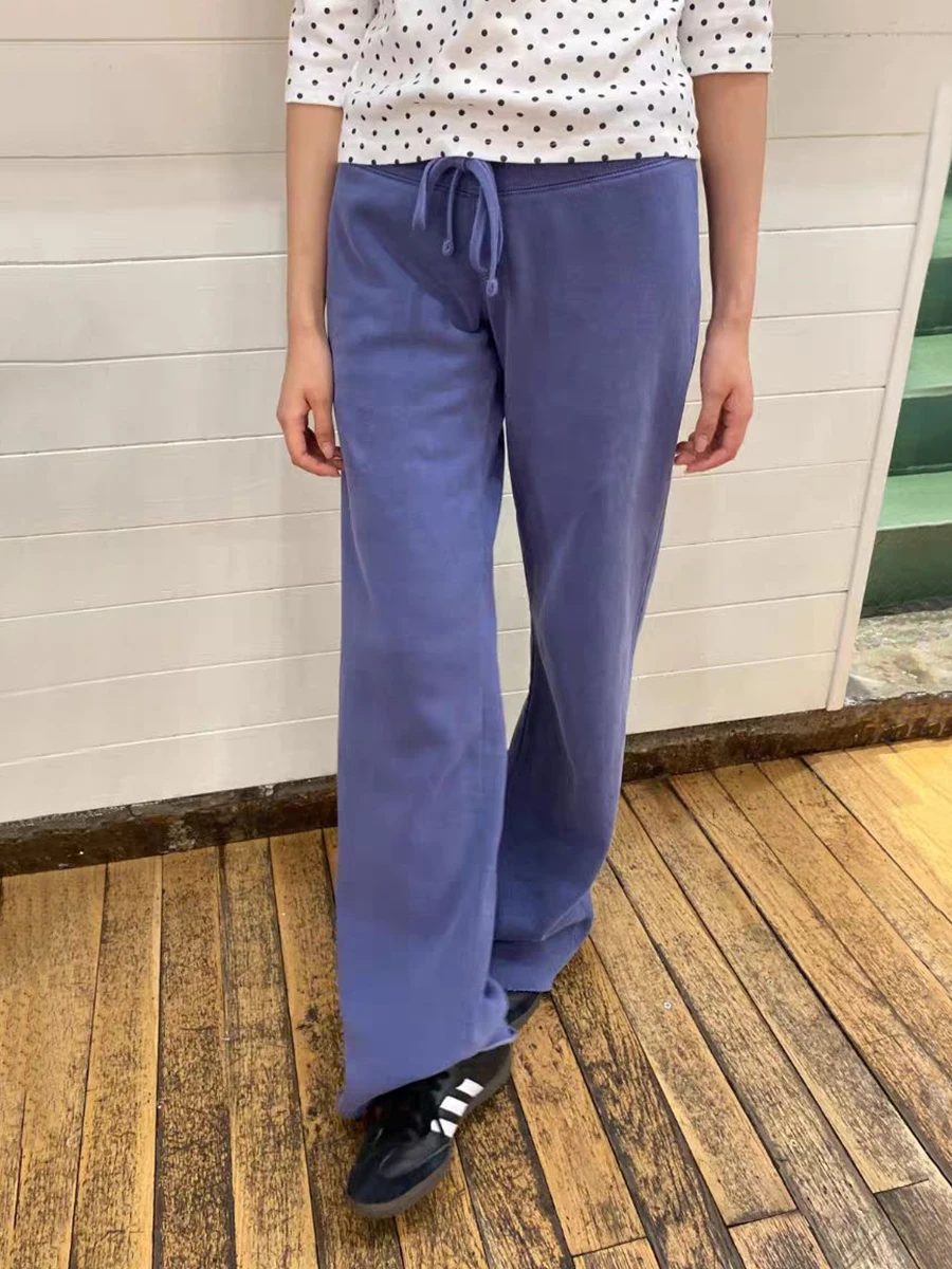 

Navy Drawstring Sweatpants Woman Spring Raw Hem Straight Yoga Long Pants Female Vintage Streetwear Cotton Fleece Trousers New