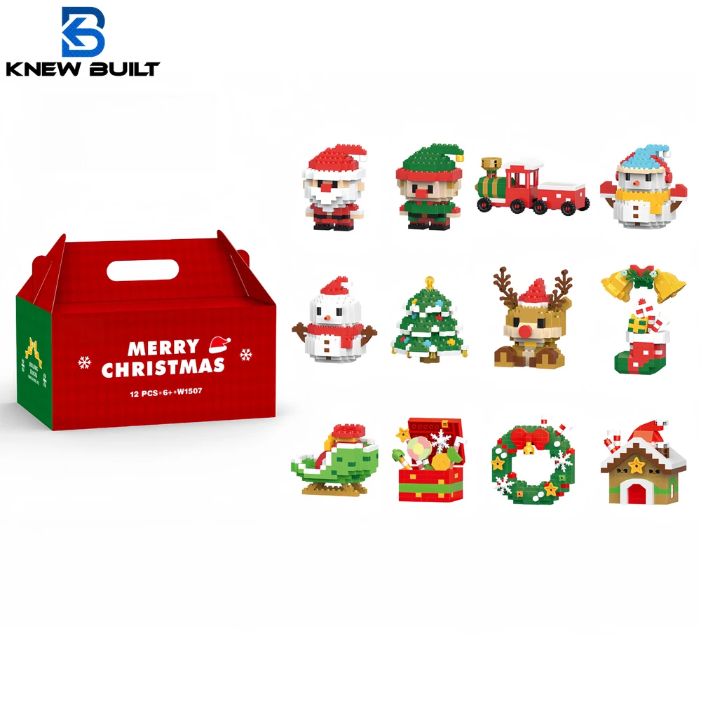 Cadeaux de Noël Micro Mini blocs de construction - Père Noël, arbre de Noël, renne, bonhomme de neige, éléments de train, jouet d'assemblage de puzzle