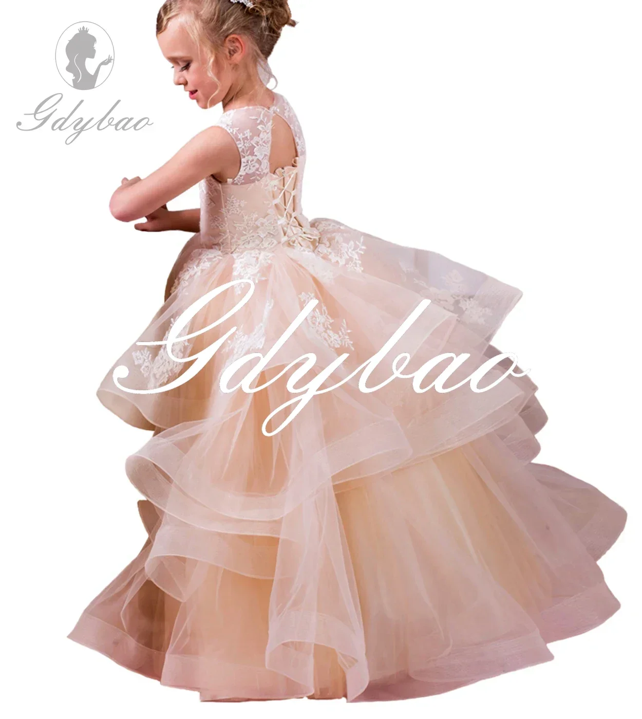 

Tulle Tiered Flower Girl Dresses Toddlers Lace Appliques Princess Pageant Dress Kids Floor_Length Wedding Birthday Party Gowns