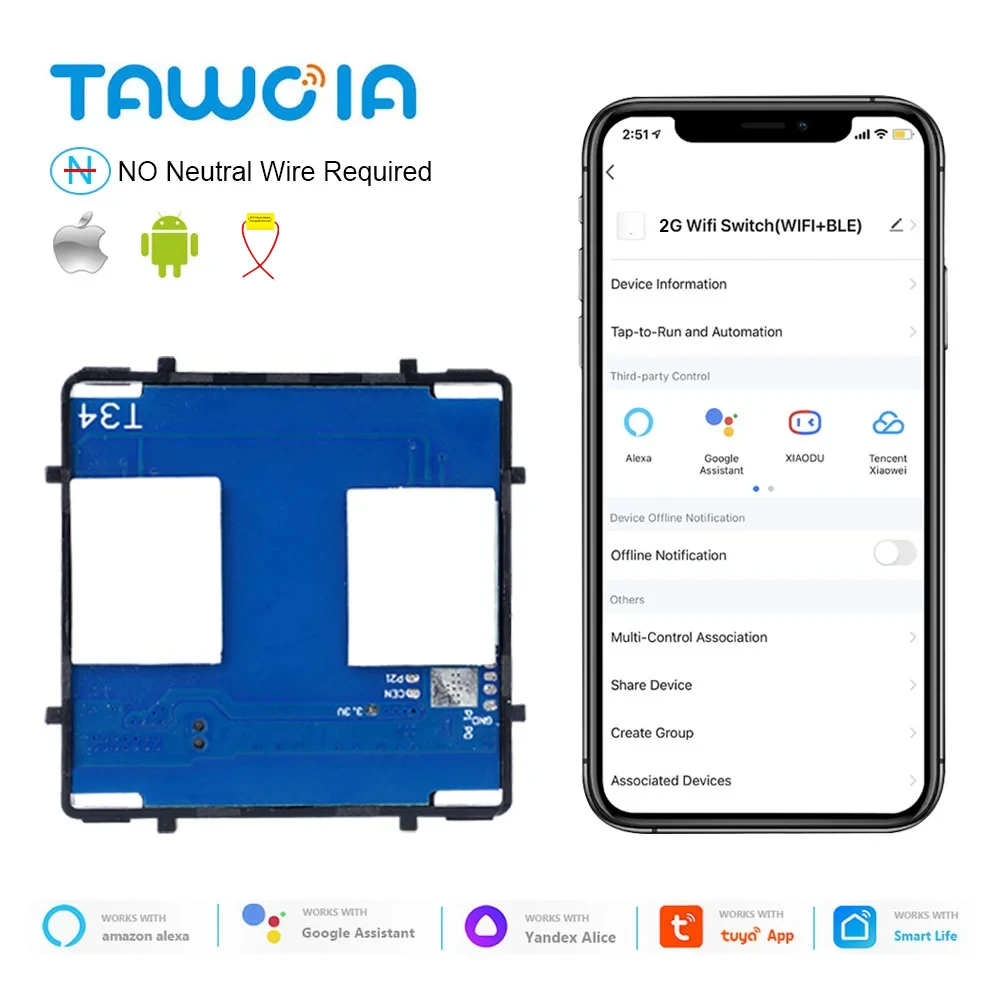 

Сенсорный выключатель TAWOIA EU, функциональная клавиша с поддержкой Wi-Fi, управление в приложении на 1/2/3 клавиши, ретро переключатель Без панели, нейтральный провод, без нейтрального провода