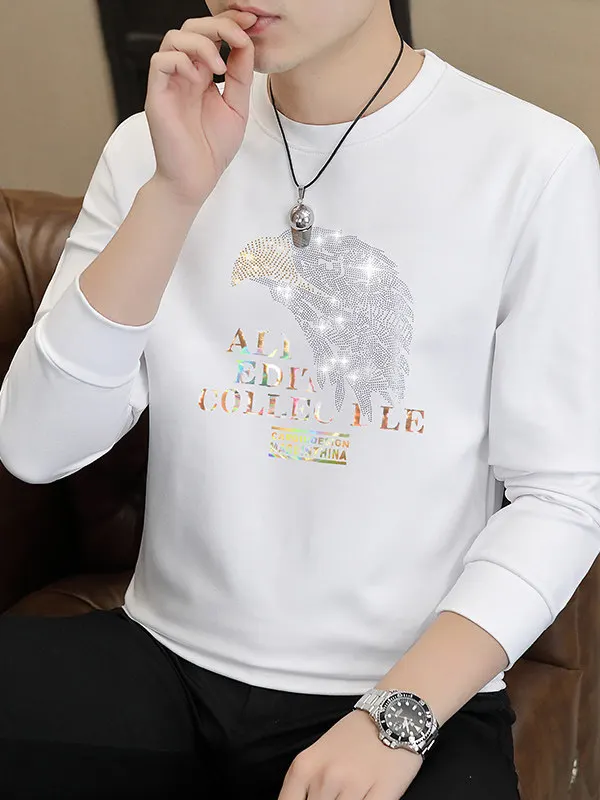 

Весенняя европейская версия: Мужская толстовка с длинным рукавом, принтом из страз и круглым вырезом, модная брендовая футболка-база, верхняя одежда.