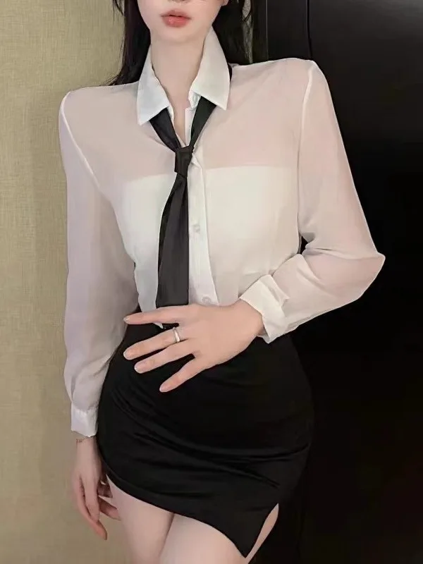 Versatile Shirt Women's 2024 New Thin Style Loose And Sexy Transparent Long Sleeved Clothes Irregular Package Hip Skirt Set M0EC