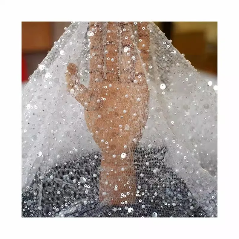 New mesh embroidery pearl sequins beads embellishment fabric handmade DIY cloth wedding dress veil skirt