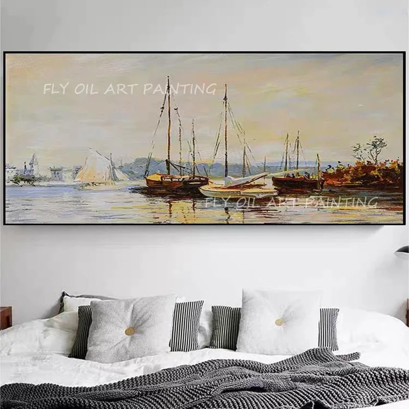 

Sailboats Docked At The Dock Modern Oil Painting Original Artwork Decor Hand Painted Seascape Canvas Painting For Room Decor