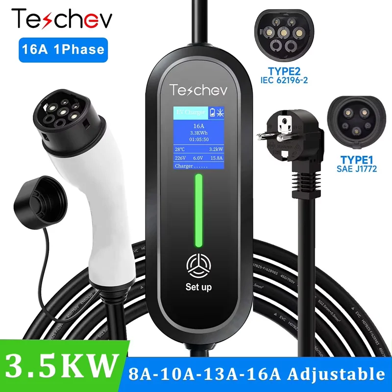 Teschev 3.5KW EV chargeur Type2 IEC 62196 connecteur 16A 1 Phase Type 1 SAEJ1772 Station de charge murale pour véhicule électrique