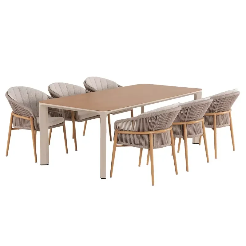 Aluminium Outdoor Dining Table Modern Wood Grain Top Hot Pressed Terrace Garden Furniture for Hotel Restaurant Patio Decor