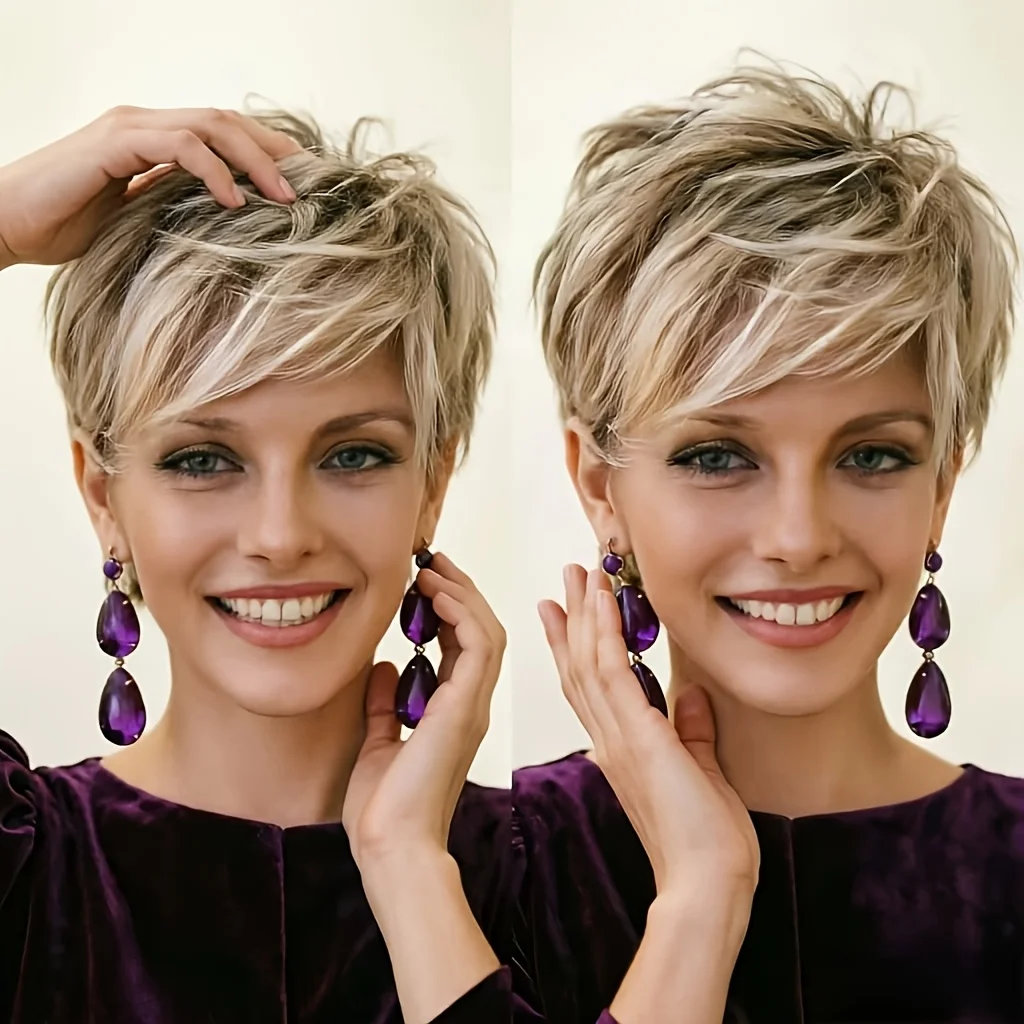 Women's short blonde wig with layered mixed gold bob wig with bangs, synthetic short hair replacement wig
