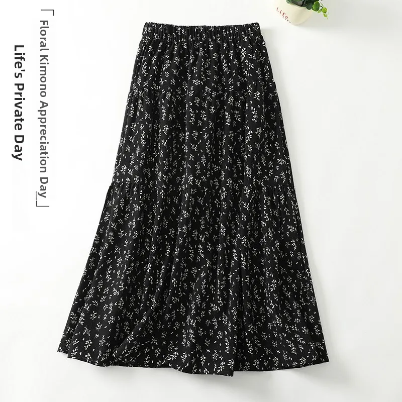 

Black Floral Print Midi A-Line Skirt Women's Spring Autumn Vintage Small Size Draping Half-length Skirt High Waist Cotton