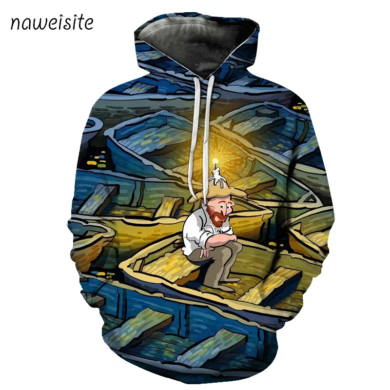 2023 new Oil Painting Men's Hoodies Fleece Thicken Warm Fashion Unisex Pullovers Hip Hop Loose Male Casual Sweatshirts