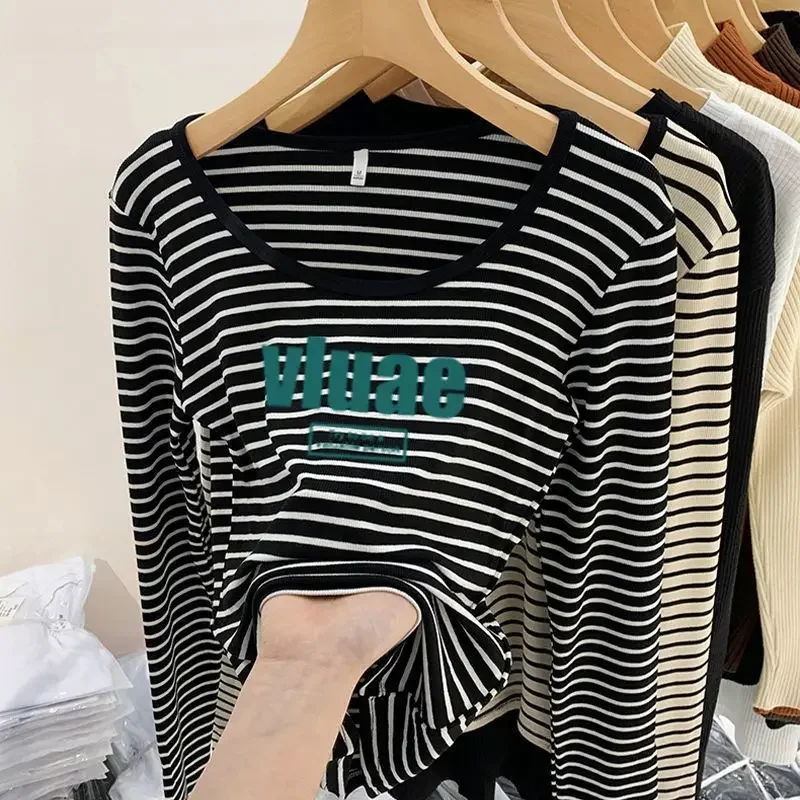 

Women's Long-sleeved T-shirt Trendy Black Striped Base Shirt Spring Autumn New Versatile