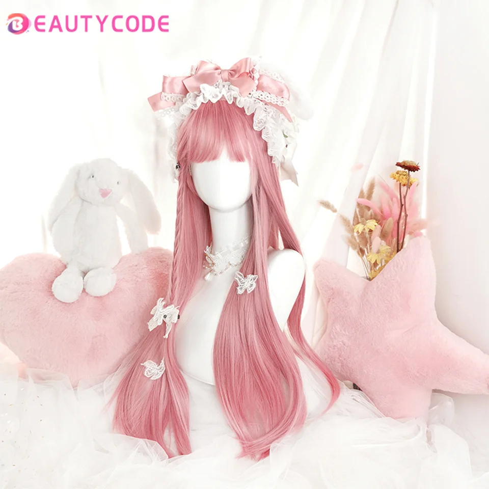 Synthetische Pruik Lange Golvende Meisje Roze Pruik Met Pony Hittebestendige Zwart Blauw Rood Blond Paars Cosplay Lolita Halloween Party pruik