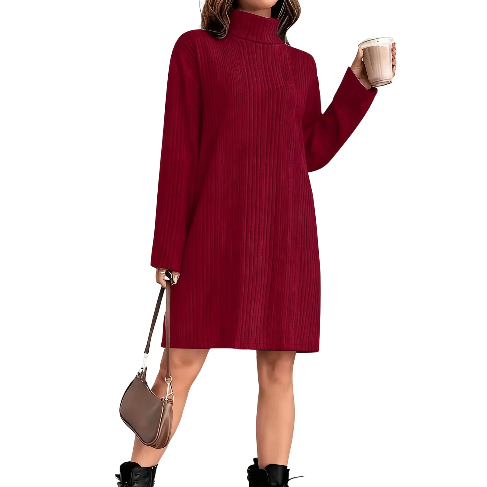 Vestido de mujer suelto y cómodo, cálido, acanalado, cuello alto y manga larga