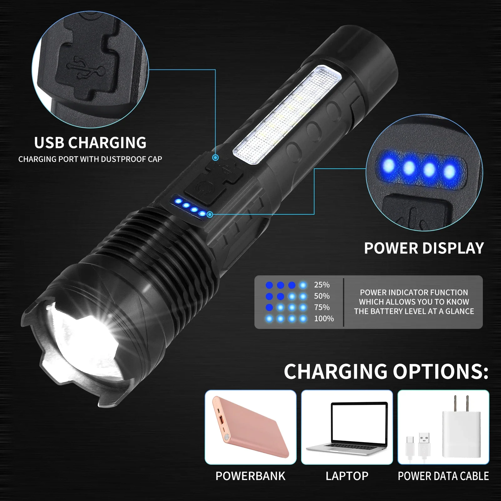 Linterna recargable por USB, linterna táctica ultrabrillante, resistente al agua, enfoque con zoom, de bolsillo para luz de Flash Exteriores, Nueva