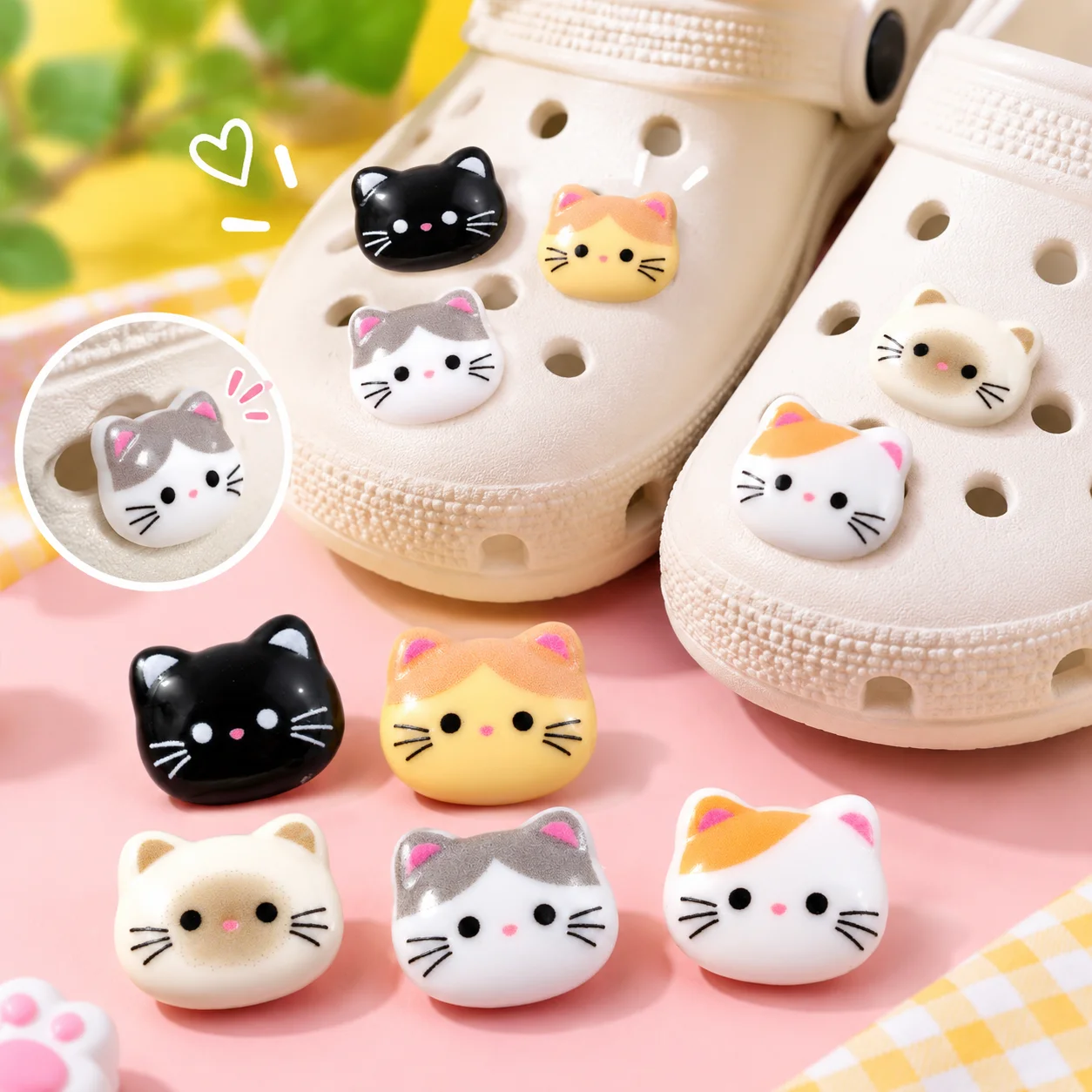 16pcs Mixed Cute Cartoon Cat Resin Shoe Charms - Kawaii Cat Clog Decor for Sandals & Beach Bags