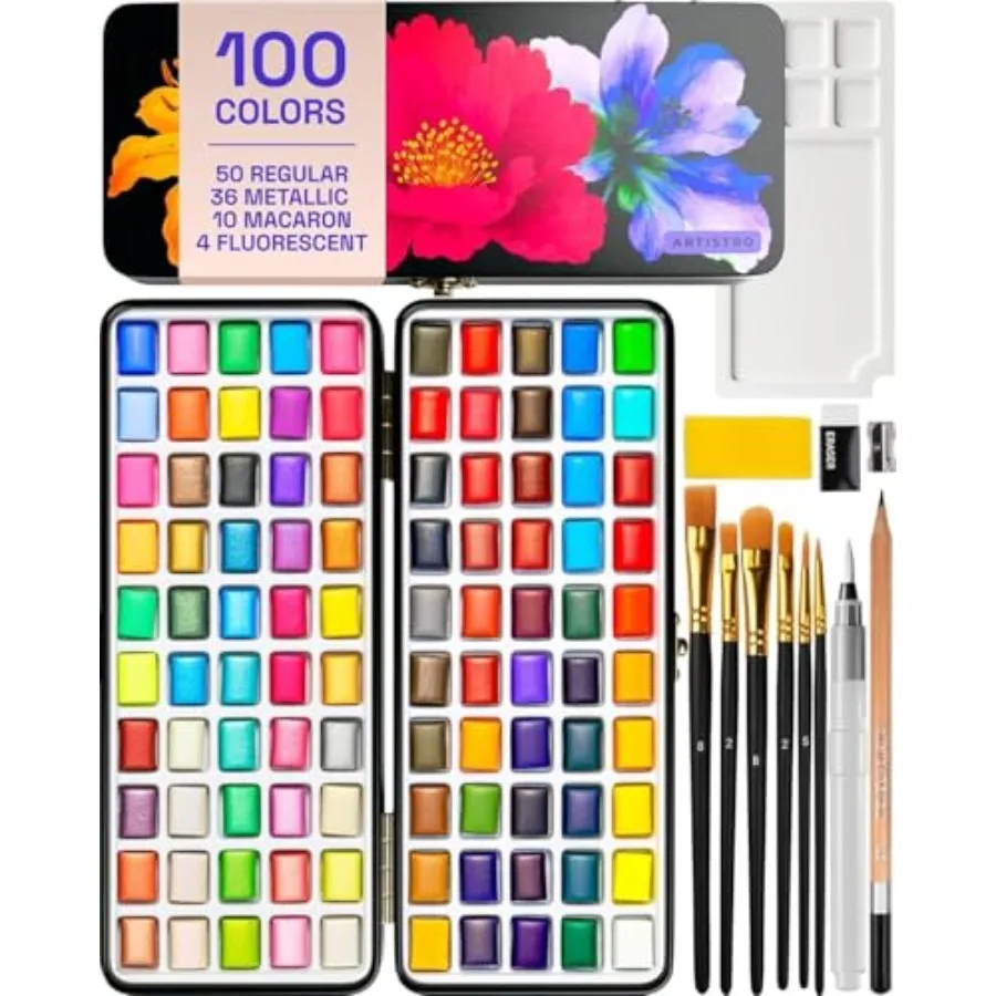 

100 Color Watercolor Paint Set - Portable Paint Art Kit with Palette and Brush Pens - Travel Water Color Set for Adults, Profes