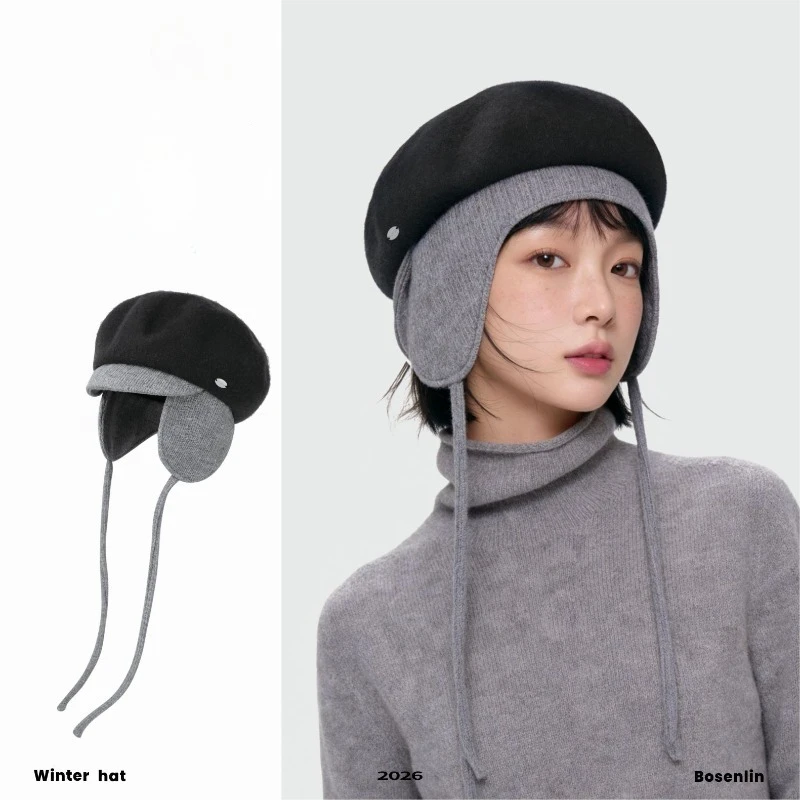 Japanische Nischen-Beret für Herbst und Winter, künstlerische Retro-Malerhut, Herren- und Damen-Fahrradmütze mit Ohrenschutz, Bomberhut – Detail 1