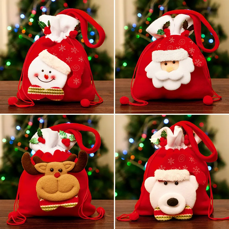 

Christmas Gift Bag For Kids Plush Drawstring Candy Storage Bag Reusable Cartoon Santa Claus Elk Snowman Xmas Tree Decorations Fo