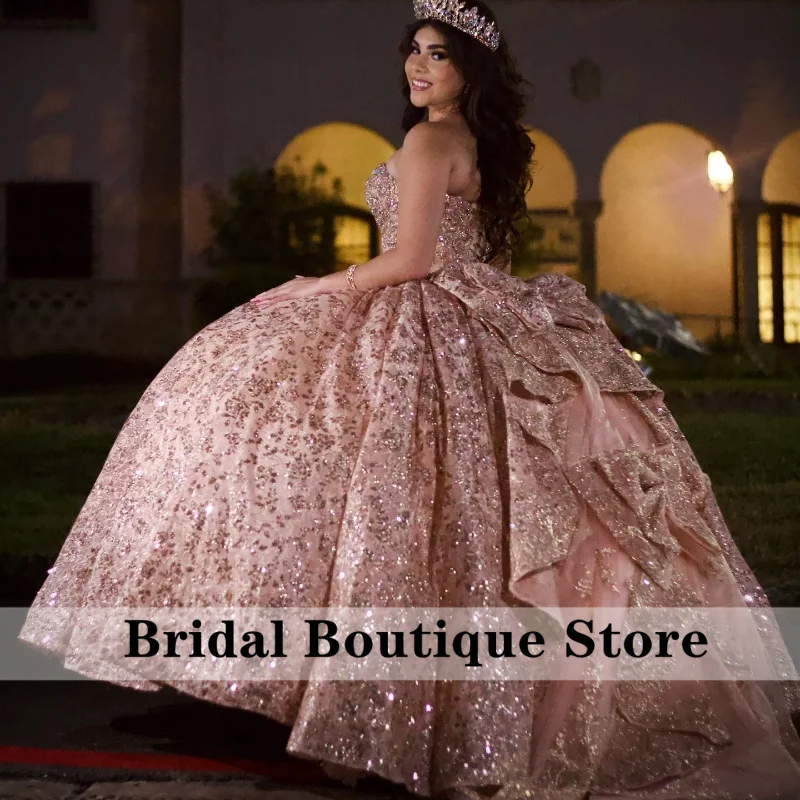 فساتين Quinceanera ذهبية وردية لامعة مع أقواس ، مزخرفة لامعة ، حبات بلورية ، حلوة ثوب الكرة الخامس عشر ، مخصص ، حبيبته