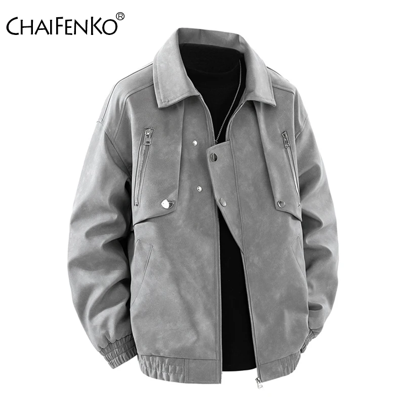 New Retro Locomotive Men Leather Jacket Spring Autumn Fashion Casual Lapel Solid Coat Outdoors Loose Simplicity Windproof Tops