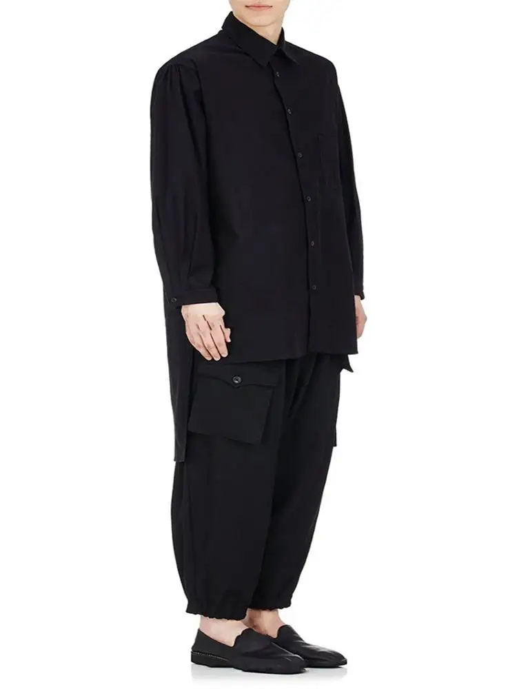 New Men's Fashion Trend Singer Stage Style Multi Pocket Design Loose Small Foot Casual Pants Black Street Wide Leg Pants