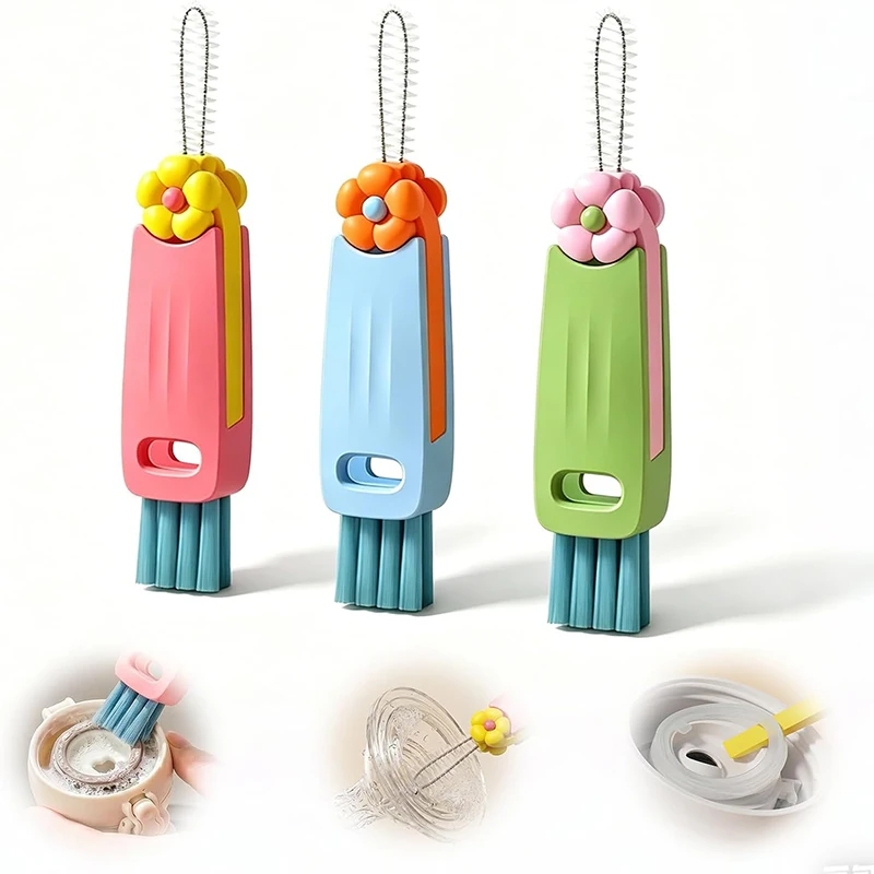 3 Pcs Multifunctional Portable Bottle Detail Brush Set 3-in-1 Cup Lid Crevice Cleaning Brush Mini Cup Lid Cleaner Brushes Kit