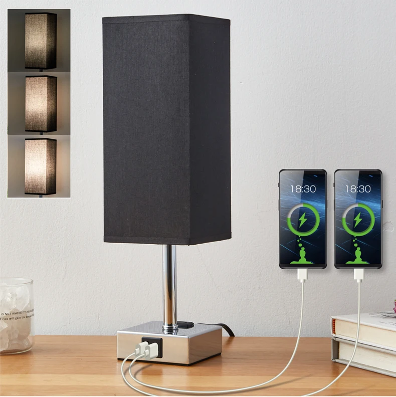 

Bedside Lamps Touch Control Desk Lamp with USB and Type-C Charging Ports Night Table Lamp Black Lampshade Decoration Bedroom