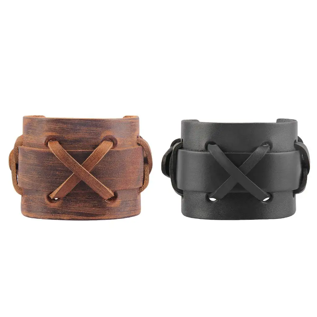 Fashion Mens Bracelet Cowhide Leather Braided Wristband Wide Cuff for Men Punk Luxury Look