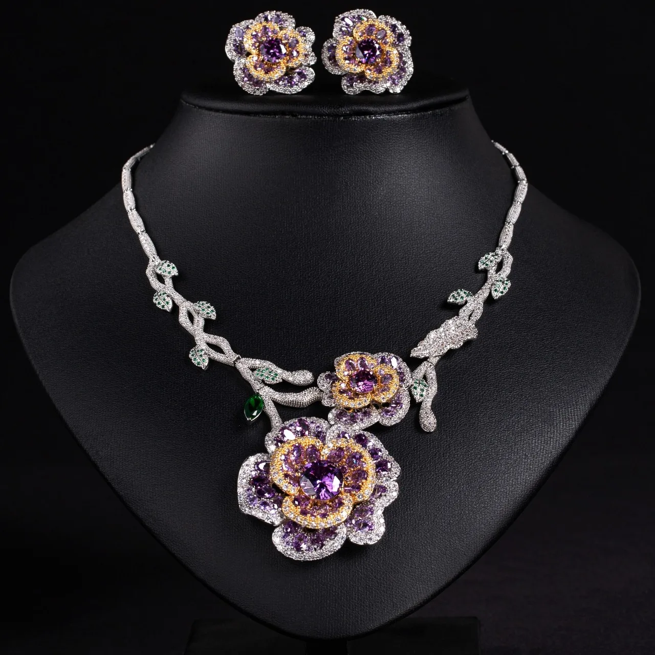Multicolor Flower Shape Zircon Jewelry Set 2 Piece Necklace Earrings Women's Dress Set Banquet Festival Ball Wedding Bride M-678