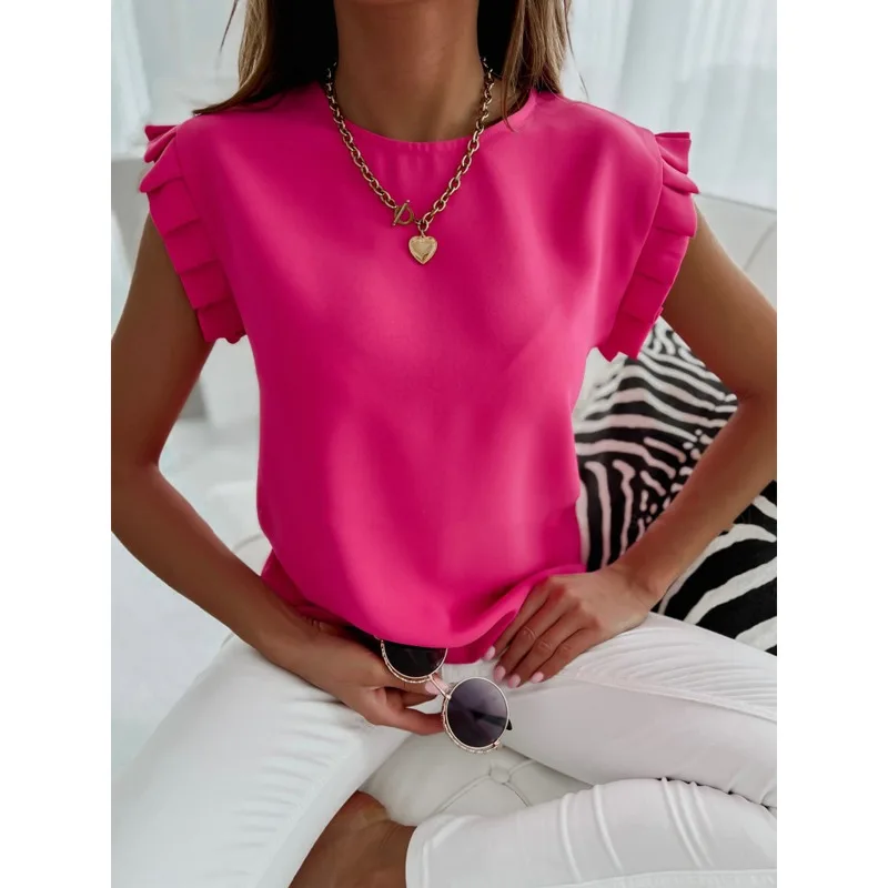 Women's Fashion Simple Short Sleeve T-shirt Solid Color Round Neck Petal Sleeve Sweet Tee Slim Pullover Shirt Women Clothing