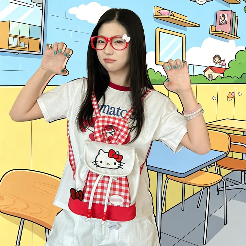 

Anime Backpack Hello Kittys Cute Red Grid Draw Rope Storage Mini Girl's Heart New Bags for Woman Student Travel Bag