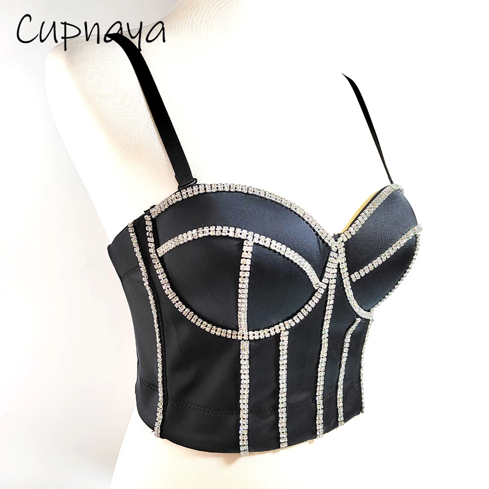 Cupnaya Women Sparkle Faux Diamond Crop Top Sexy Spandex Bra Pad Push-Up Bustier Show Clubwear Short Corset Bralette Inner Cami