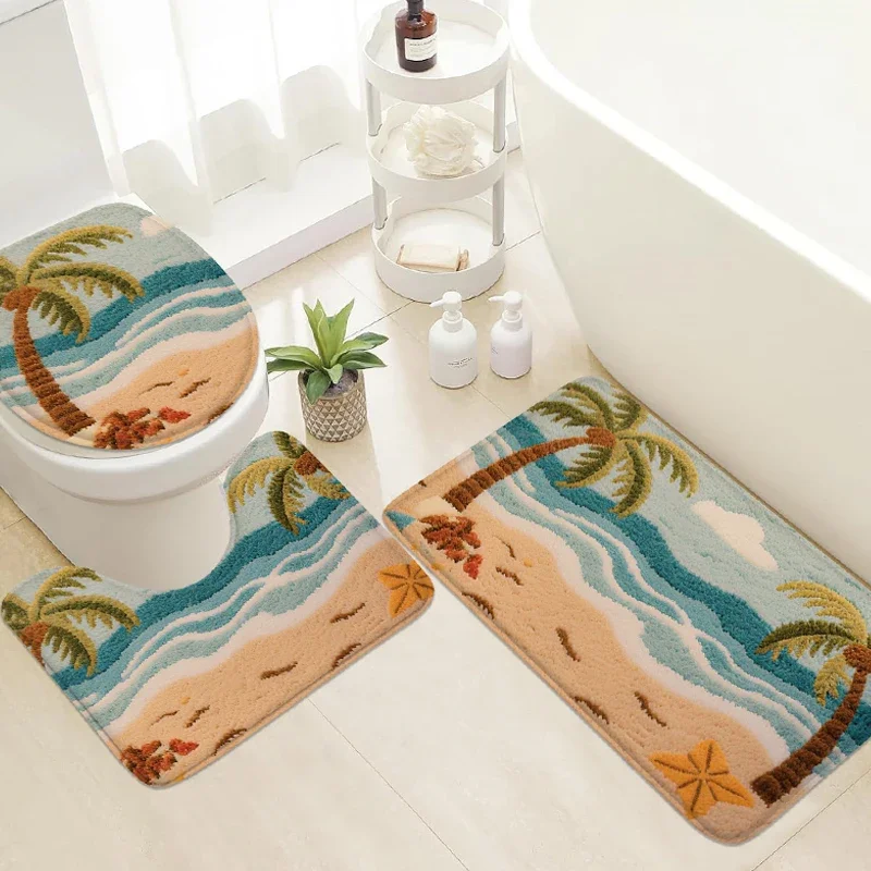 Ocean Theme Bathroom Set: Non-Slip Flannel Carpet for Toilet and Door, 3PCS U-Shaped Mats