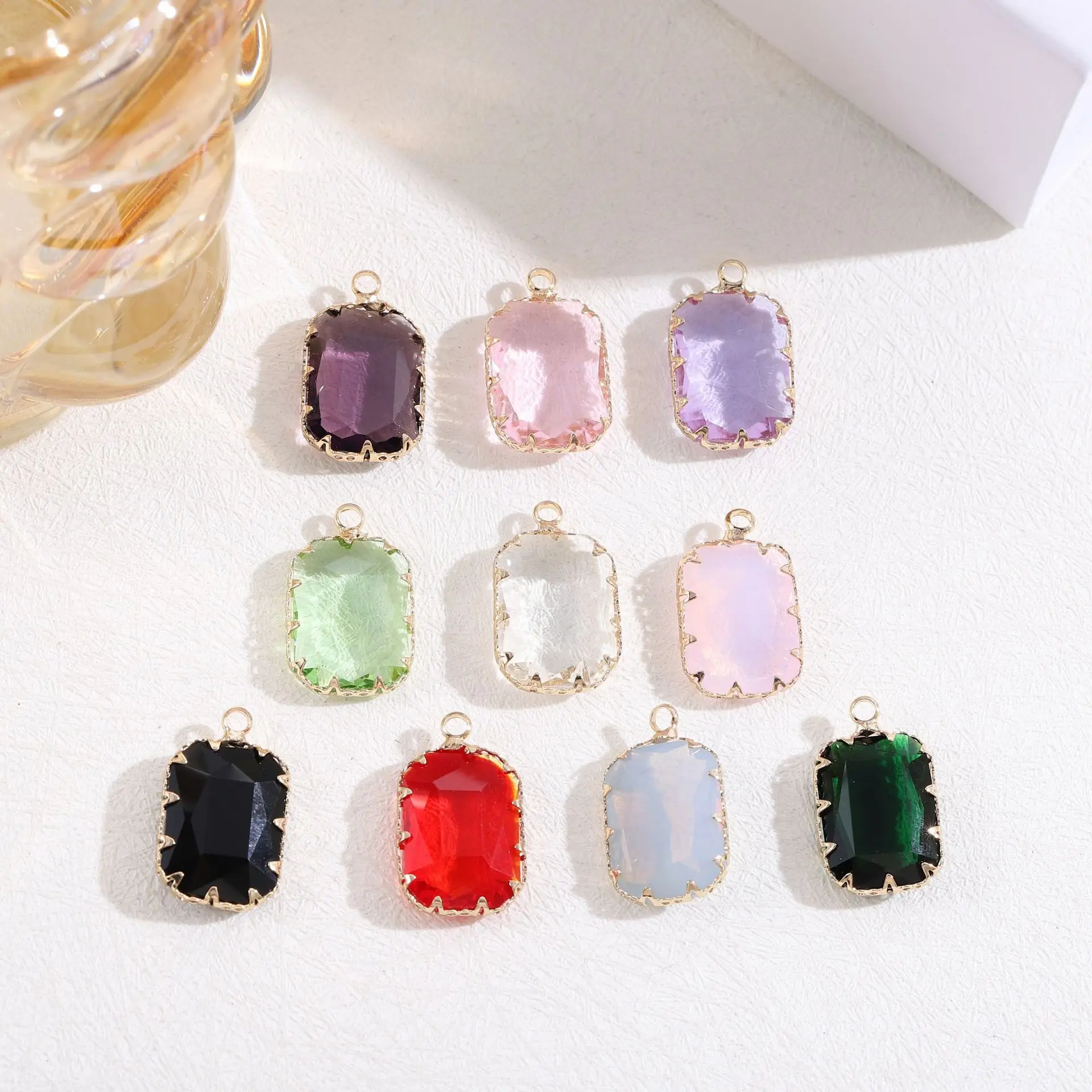 10pcs/ Bag   New copper gold-plated rectangular crystal glass pendant DIY earrings necklace accessories