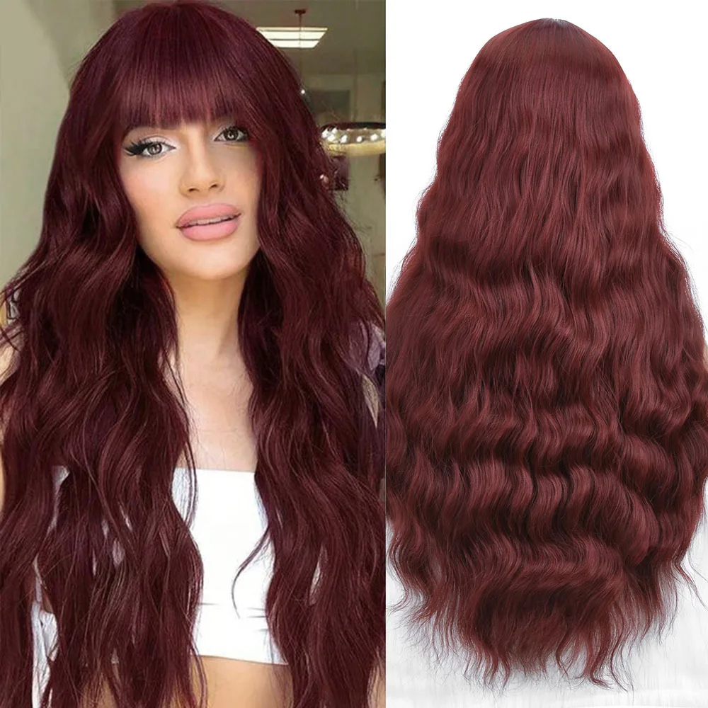 

European and American burgundy cos wig female gradual change long curly hair chemical fiber hair full head cover