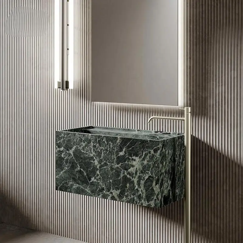 حوض ذو حافة ضيقة مثبت على الحائط: حوض زينة من الحجر الفاخر العميق، خزانة حمام سفلية مضادة للرذاذ مع سطح طاولة بلاطة #4