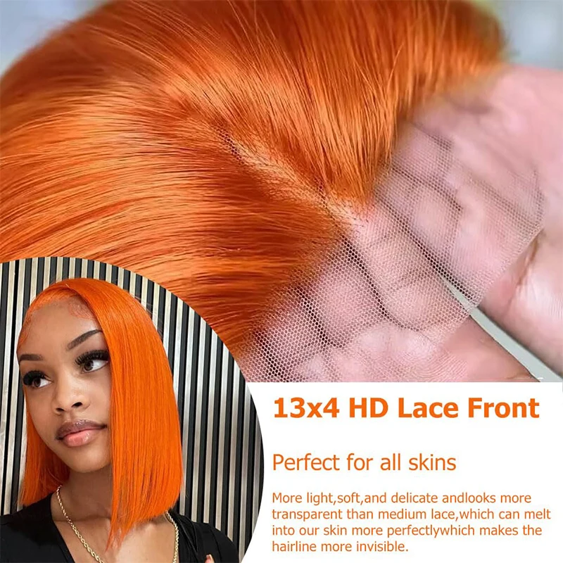 Ginger Orange Bob Straight 13x4 Lace Front Human Hair Wigs for Women Transparent HD Lace Front Wig Pre Plucked Brazilian Wig