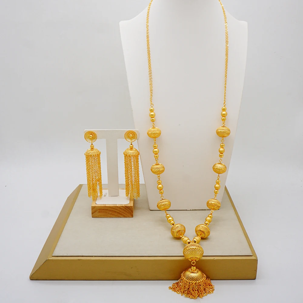 Dubai Arab Gold Color Jewelry Set for Young Women African Wedding Party Wedding Gifts Long Necklace and Earring Set