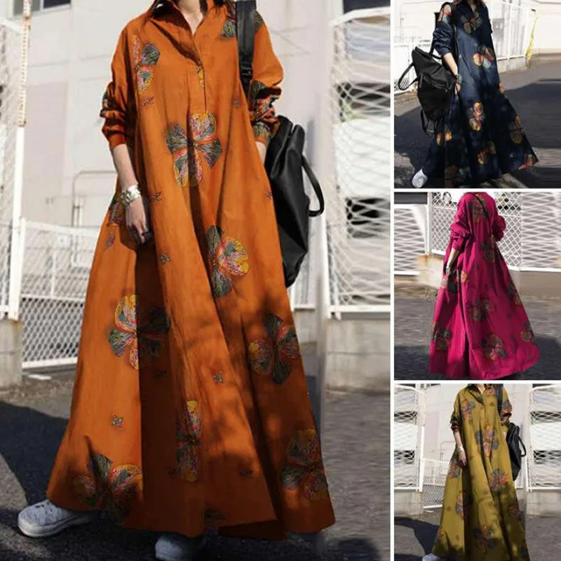 

New Arrival Oem Muslim Women's Wear Autumn Printing Cotton Linen Retro Ethnic Style Loose Long Sleeve Big Hem Dress