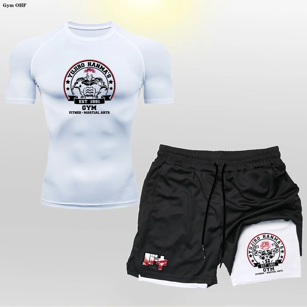 メンズ速乾性ツーピーススポーツセット,半袖Tシャツ,ダブルレイヤーショーツ,カジュアル,若者,新しい夏